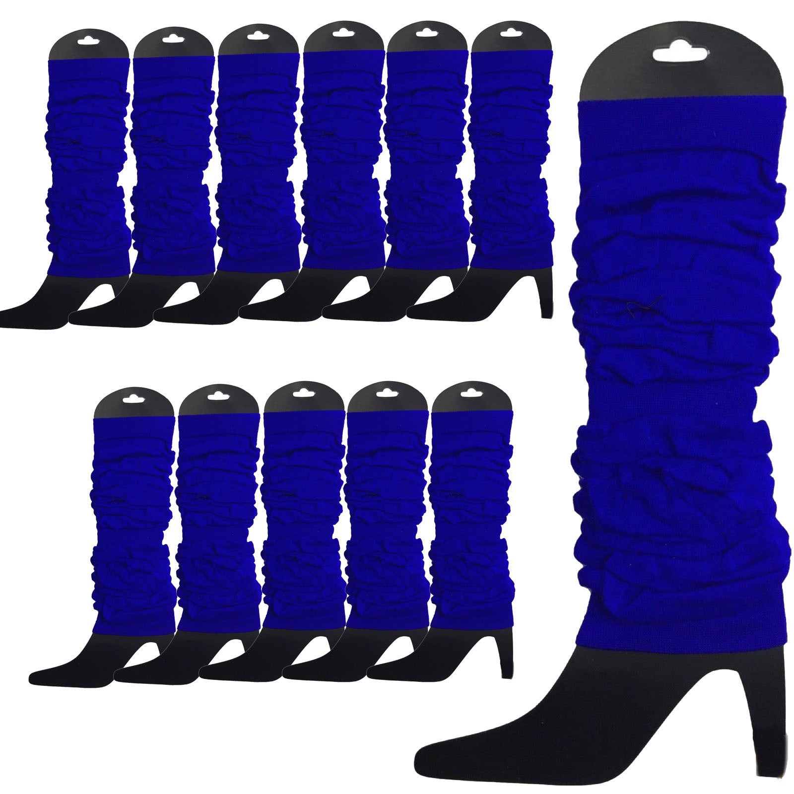 12 LEG WARMERS Knitted Womens Neon Party Knit Ankle Fluro Dance Costume 80s BULK - Royal Blue